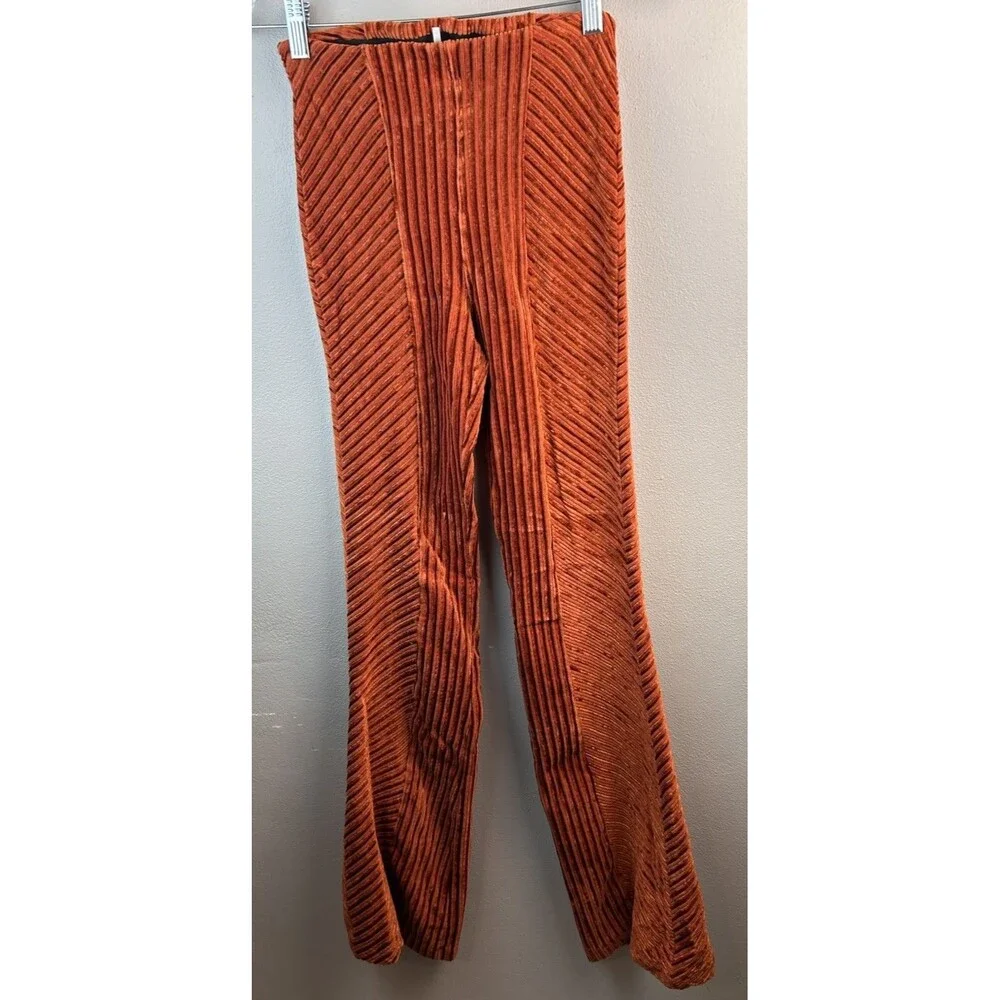 Free People Flared Pull On XS Ribbed Velvet Bell Bottom bronze Orange Bonus Top
